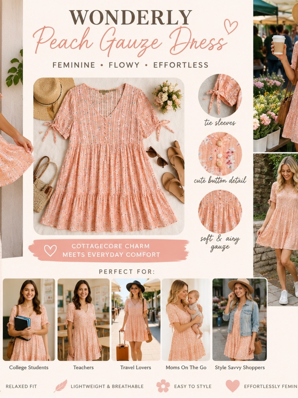Wonderly XL Peach Gauze Tiered Babydoll Mini Dress Cottagecore Tie Sleeve